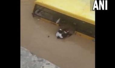 Watch: Locals rescue 30 students from school bus partially submerged in flooded street in Telangana