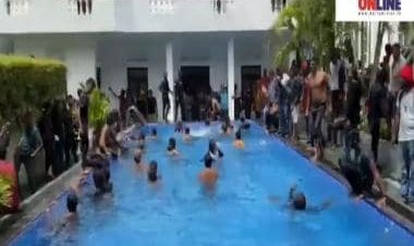 Watch | Protestors swim in President Gotabaya Rajapaksa’s pool, enter kitchen after storming his official residence 