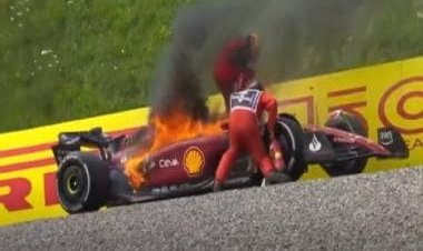 Watch: Carlos Sainz's Ferrari catches fire during Austrian GP as Spanish driver jumps out of car