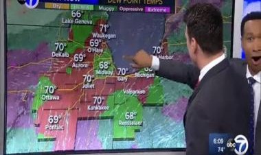 Weather reporter reacts as he discovers TV with touch screen technology