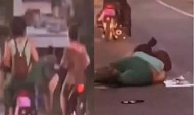 Woman falls while trying to kick bike rider, internet says 'every action has an equal and opposite reaction'