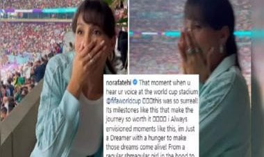 FIFA World Cup 2022: Nora Fatehi stunned to hear her voice at match in Qatar, watch her priceless reaction
