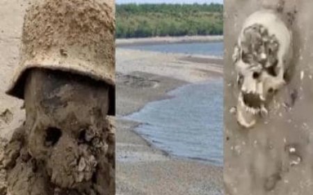 Lost to time since World War II, dead Nazi, Soviet soldiers with helmets, uniforms appear as Kakhovka Dam waters recede
