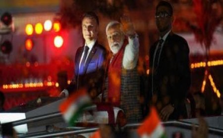 French President India visit Live Updates: Macron joins PM Modi in roadshow, gets Ram temple replica as gift