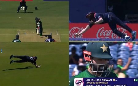 Steven Taylor ONE-HANDED Catch to Dismiss Mohammed Rizwan During USA vs PAK T20 WC 2024 Game; Video Goes VIRAL | WATCH