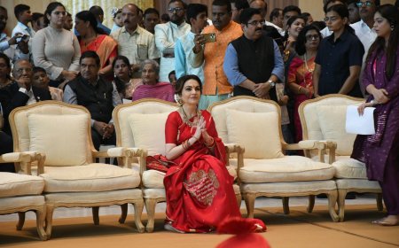 Decoding Nita Ambani’s Heritage Look For ‘Mass Wedding’: Customised Gayatri Mantra Red Saree, Guttapusalu Necklace and Statement Earrings- Pics